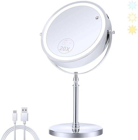 MIYADIVA Lighted Makeup Mirror Review: 20X Magnification, 3 Color Lights, 360° Rotation