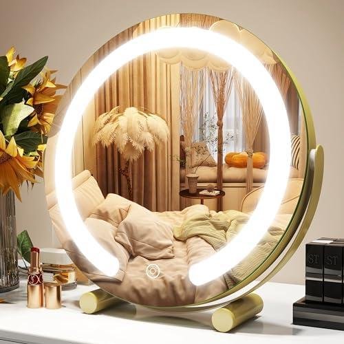 ROLOVE Gold Light Up Vanity Mirror: 360° Rotation, Smart Dimmable Lights