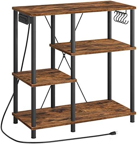 HOOBRO Baker’s Rack Review: Power Outlet, Kitchen Storage Shelf, S-Shaped Hooks, Rustic Brown & Black